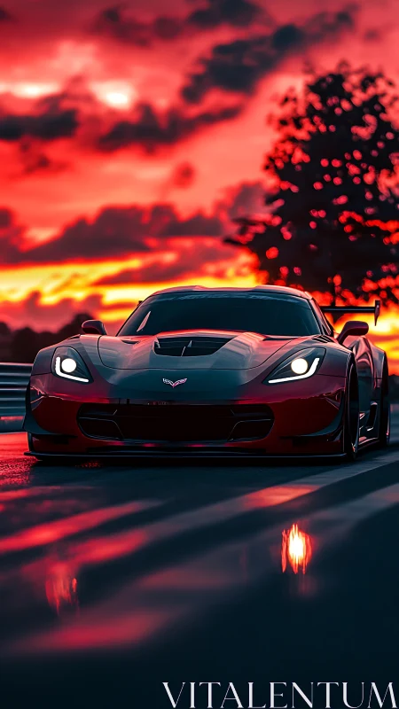 Red supercar cuts track under blazing neon sunset sky.