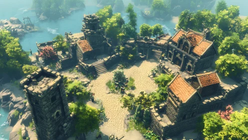 Medieval riverside fortress courtyard under soft summer light.