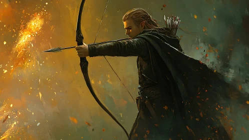 Elven archer draws bow amid illuminated particulate field