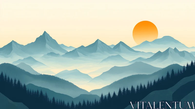 Sunlit blue mountains layer under soft golden sky.