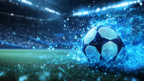 Stadium night ignites as a blue energy soccer ball shatters space