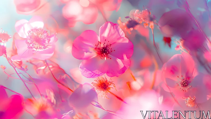 Pink flowers in soft focus with warm sunlit glow.