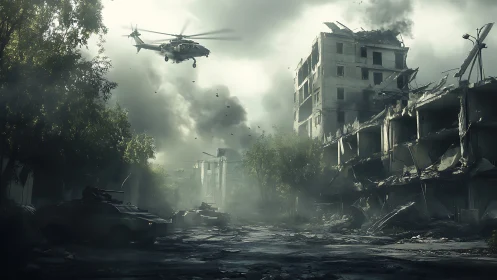 War-torn boulevard under attack helicopters and smoke.