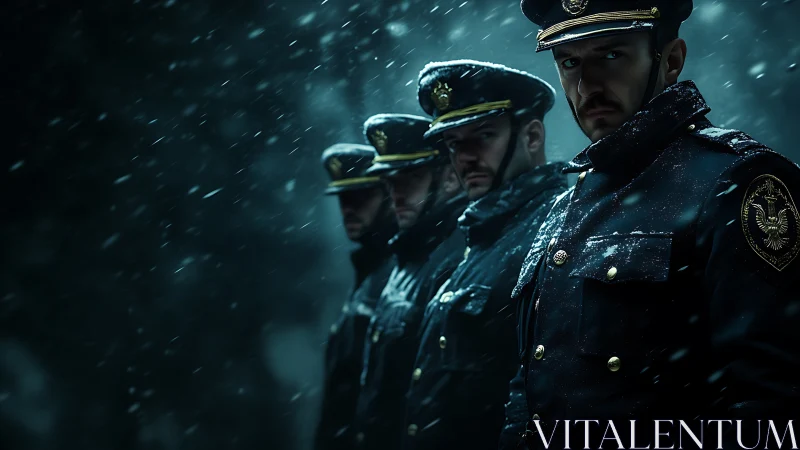 Uniformed officers standing in snowy low light environment.