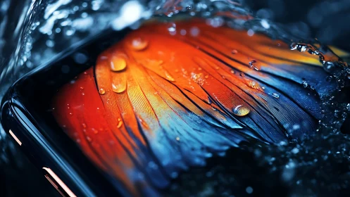 Liquid feathers ignite a neon storm on sleek glass surfaces.