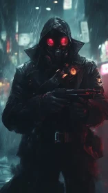 Cyberpunk enforcer in neon-soaked urban rain scene composition.