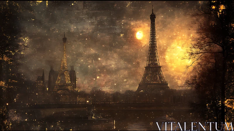 Dreamy twin towers under a glowing Paris night sky.