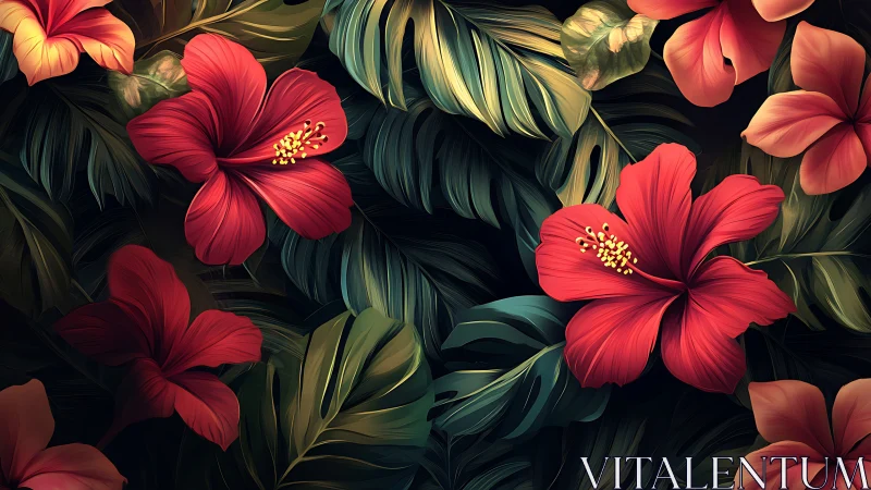 Hibiscus Flowers Against Dark Foliage: Digital Botanical Composition.