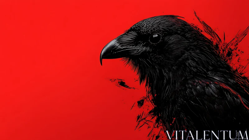 Black crow profile on bold red background graphic art.