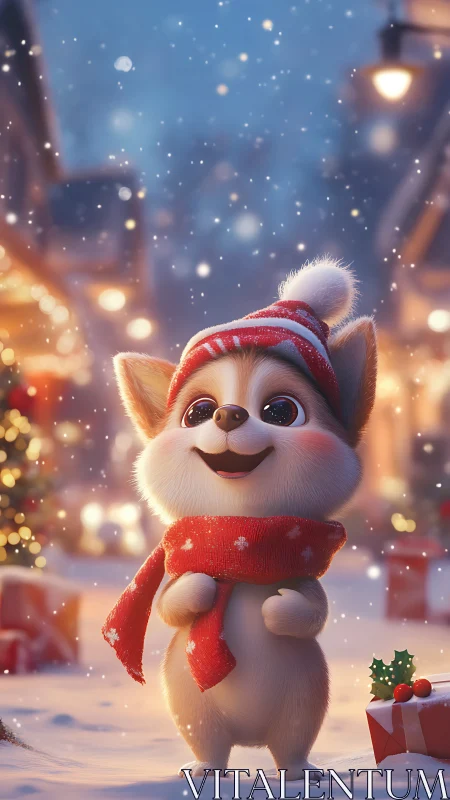 Festive 3D puppy character smiles in softly lit winter street