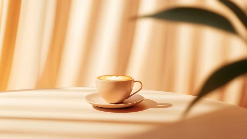 Cozy latte in golden sunlight on a calm morning table.