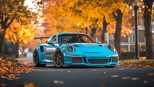 Electric blue sports car glows against a golden autumn street