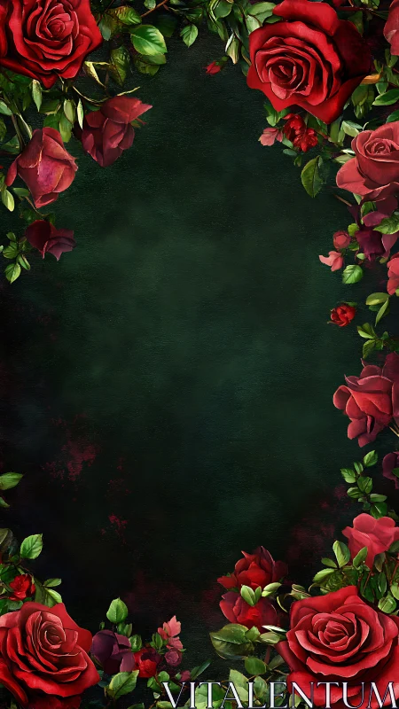 Deep Crimson Roses Frame Textured Background.