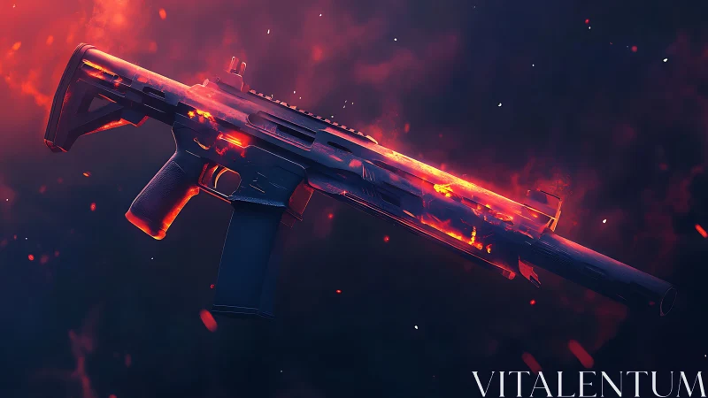 Rifle floats in dark space with glowing molten highlights