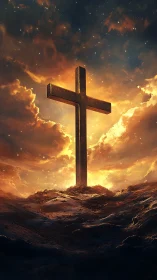 Digital painting of luminous cross above storm sea horizon.