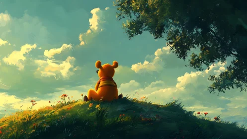 Golden bear silhouette on sunlit hill under painted sky.