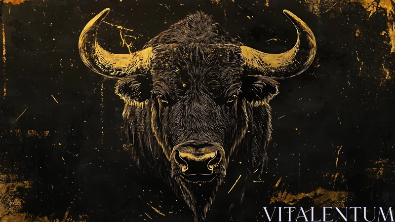 Buffalo head illustration in gold tones on dark background.
