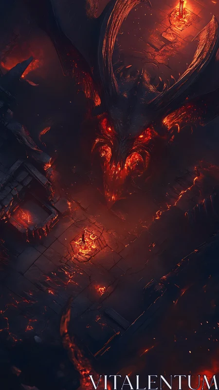 Volcanic infernal dragon emerging above molten dungeon plaza.
