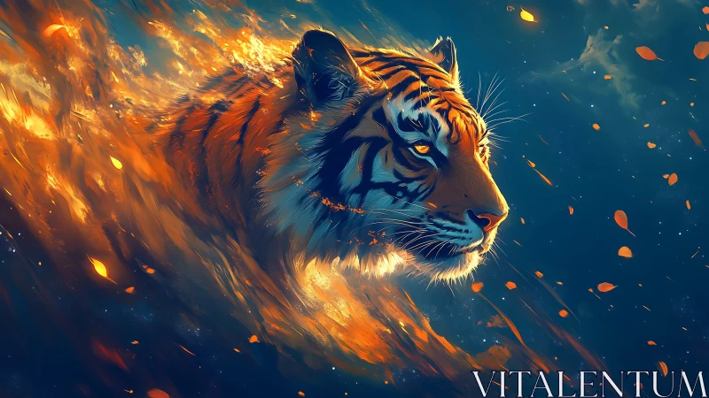 Tiger head emerges through flowing fire-like brushstrokes