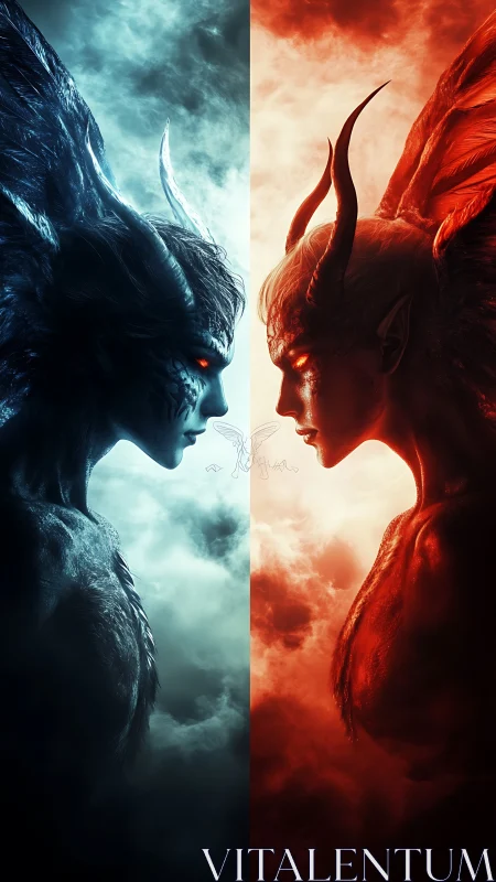 Dual demonic avatars collide amid fire and ice clouds.