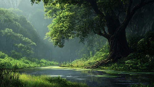 Misty Forest River Canyon. Ancient Tree Guardian.