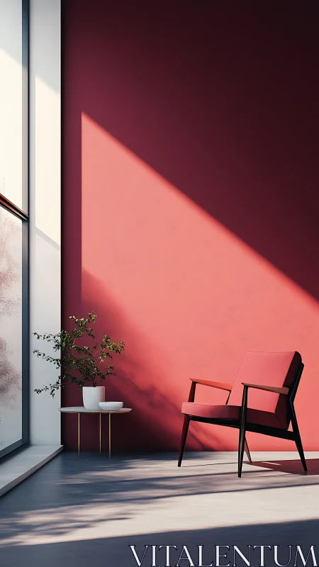 Minimalist red lounge with angular daylight composition.