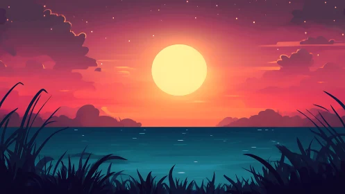 Glowing sunset gently settles over calm ocean waves tonight