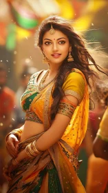 Festive saree portrait with cinematic depth-of-field rendering.