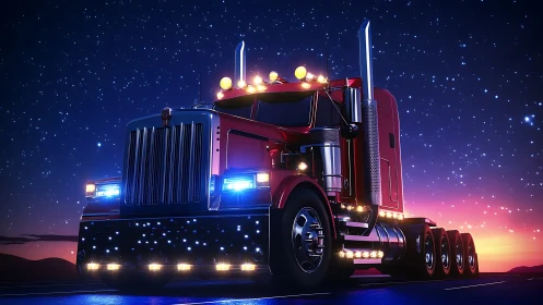 Chrome red semi truck under neon starry night sky.