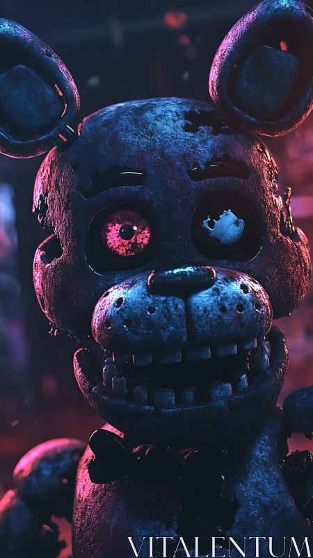 Damaged animatronic bear stands under blue and pink light