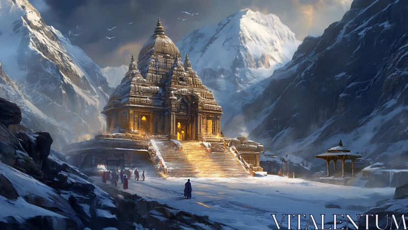 Golden mountain temple glowing softly in a quiet winter valley.