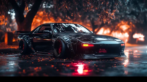 Low-slung tuner car under neon-lit autumn rainstorm street.
