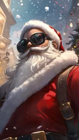 Cool modern Santa in reflective goggles patrols festive street.