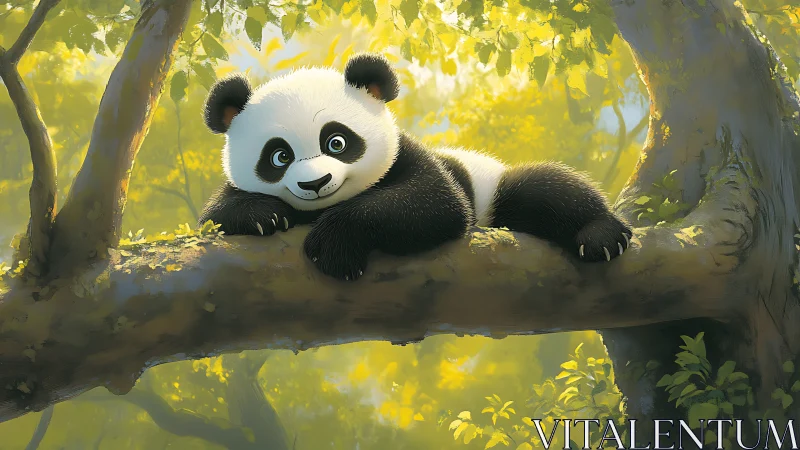 Playful cartoon panda cub rests on sunlit forest branch