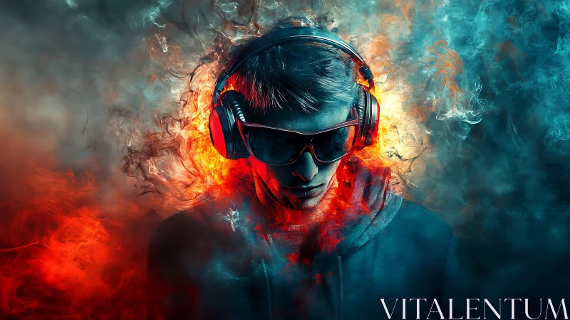 Hooded gamer in headphones surrounded by fiery neon smoke