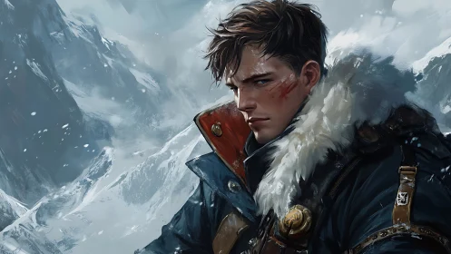 Man in winter gear against rugged snowy mountain range.