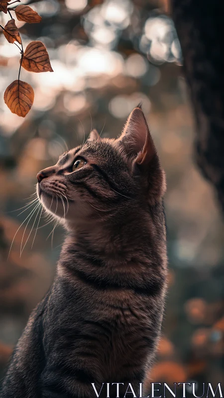 Cat gazes upward at autumn leaves through soft bokeh backdrop.