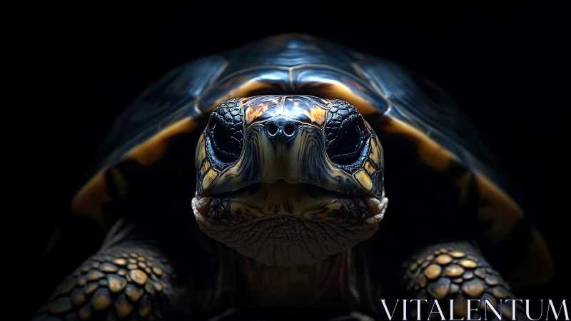 Macro tortoise portrait under dramatic low key lighting.