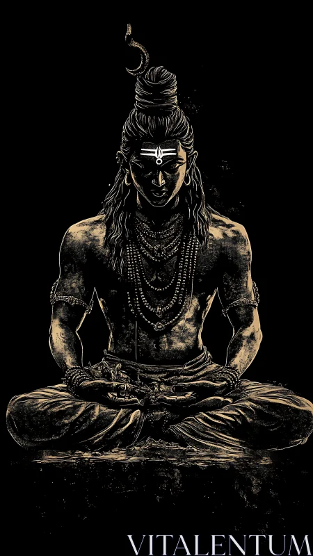 Ink-rendered meditative deity portrait in high-contrast chiaroscuro.