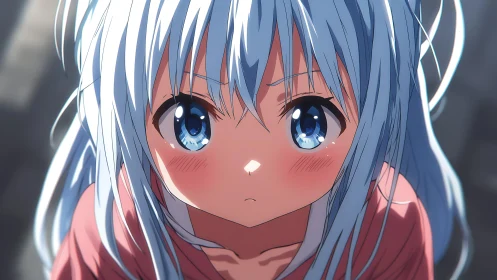 Soft-lit anime girl with blue hair and teary gaze close-up.