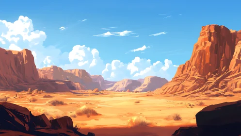 Desert canyon landscape shows sunlit mesas and open sky