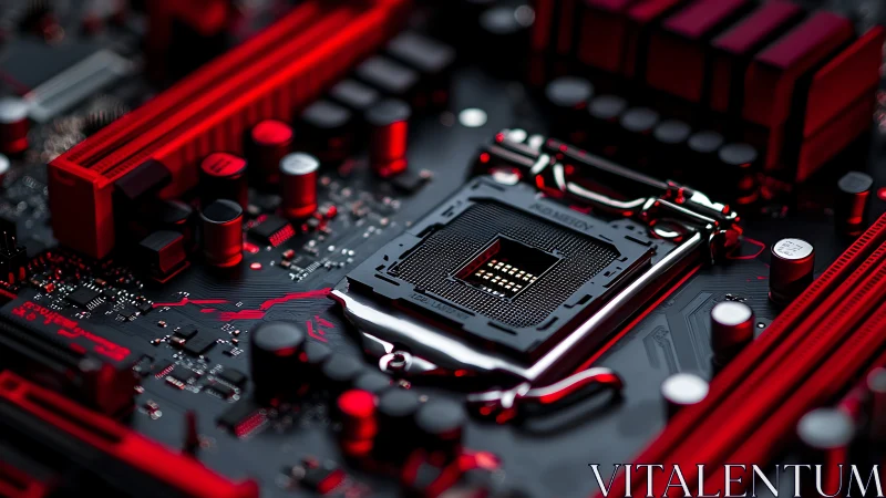 CPU socket on gaming motherboard under red accent lighting