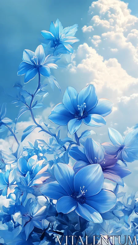 Digital rendering of multi-layered blue flowers against graduated sky with volumetric cloud formatio