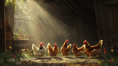Five chickens stand in barn with golden sunlight rays streaming through wooden structure
