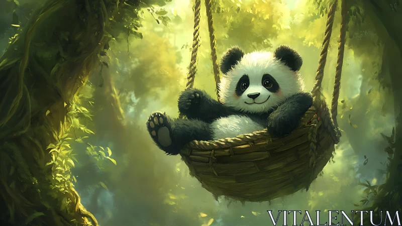Panda daydreams in a leafy cradle of sunlit forest swing.
