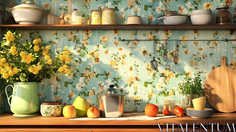 Floral-patterned vintage kitchen still life with warm light.