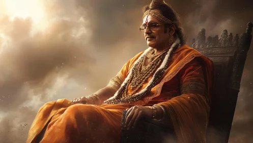 Regal spiritual leader in ornate orange robes on throne.