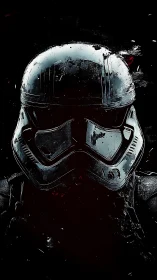 Battle-worn sci-fi trooper helmet in high-contrast portrait