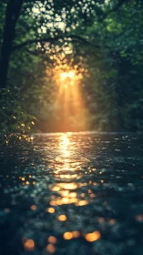 Low-angle forest stream captures golden sunset rays in bokeh