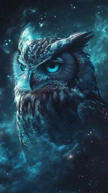 Nocturnal owl rendered in blue nebula-styled cosmic field.